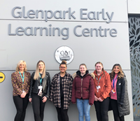 Inverclyde Council Scottish Apprenticeship Week 2022. Pictured are some of the newest childcare apprentices and one former apprentice gathered at Glenpark Early Learning Centre in Greenock to encourag